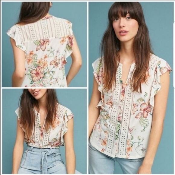 Anthropologie Maeve Floral Eyelet V Neck Short Sleeve Linen Blend Top Size XSP - Picture 15 of 16